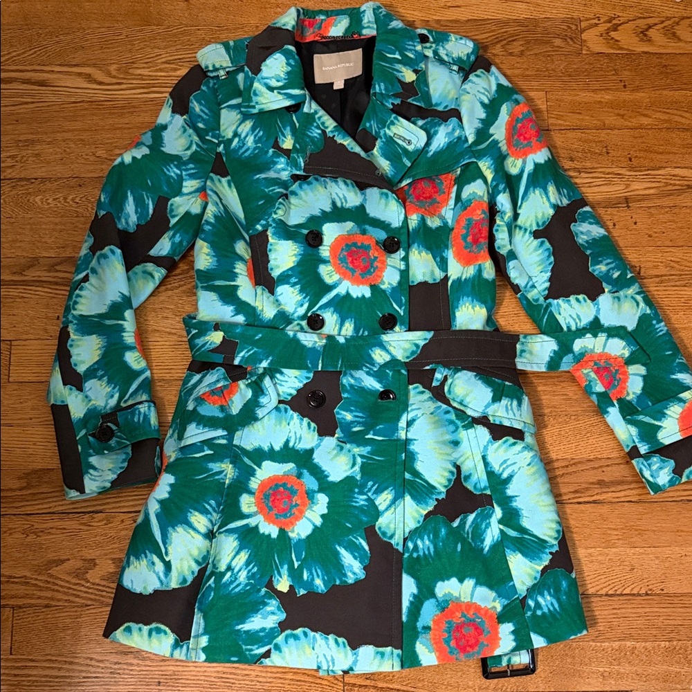 Banana Republic Teal and Red Floral Trench Coat size small